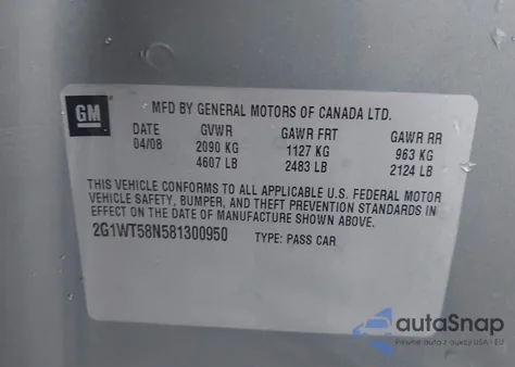 2008 Chevrolet Impala Lt z USA, uszkodzony, nr VIN 2G1WT58N581300950